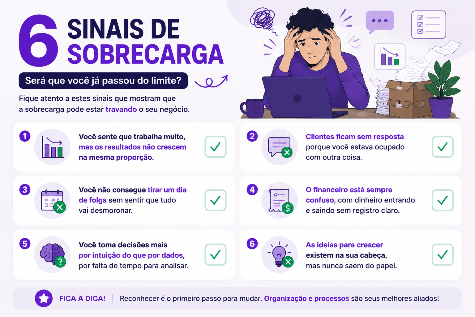 Infográfico com 6 sinais de sobrecarga de quem faz tudo sozinho no negócio