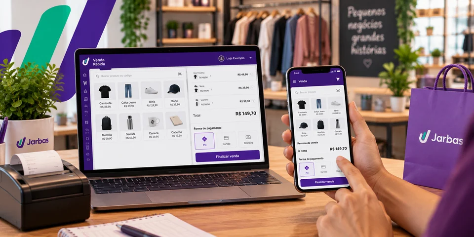 Sistema de PDV no celular e computador com produtos, resumo da venda e formas de pagamento