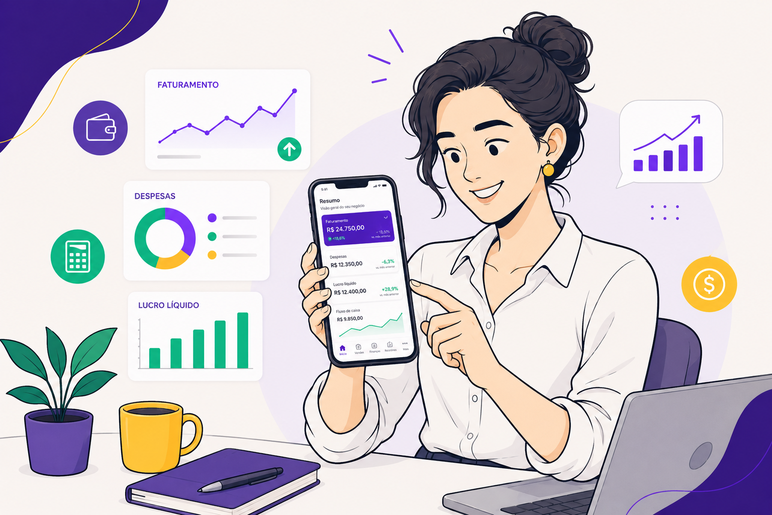 app Jarbas mostrando fluxo de caixa, despesas e lucro líquido do negócio