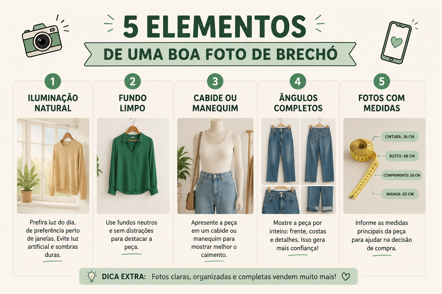 infográfico com 5 elementos de uma boa foto de brechó online: iluminação, fundo, manequim, ângulos e medidas
