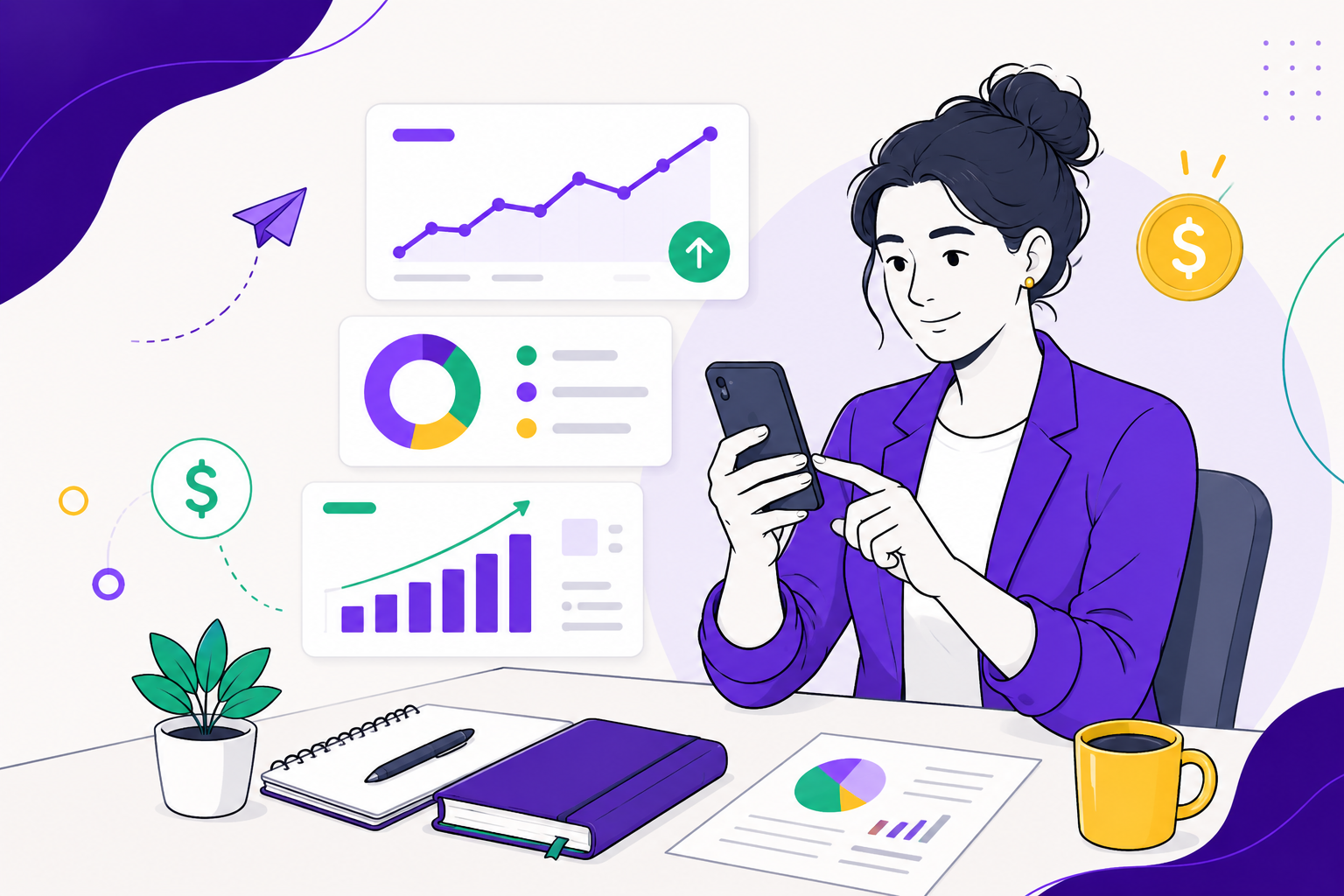empreendedora analisando gráficos financeiros e redução de custos no celular
