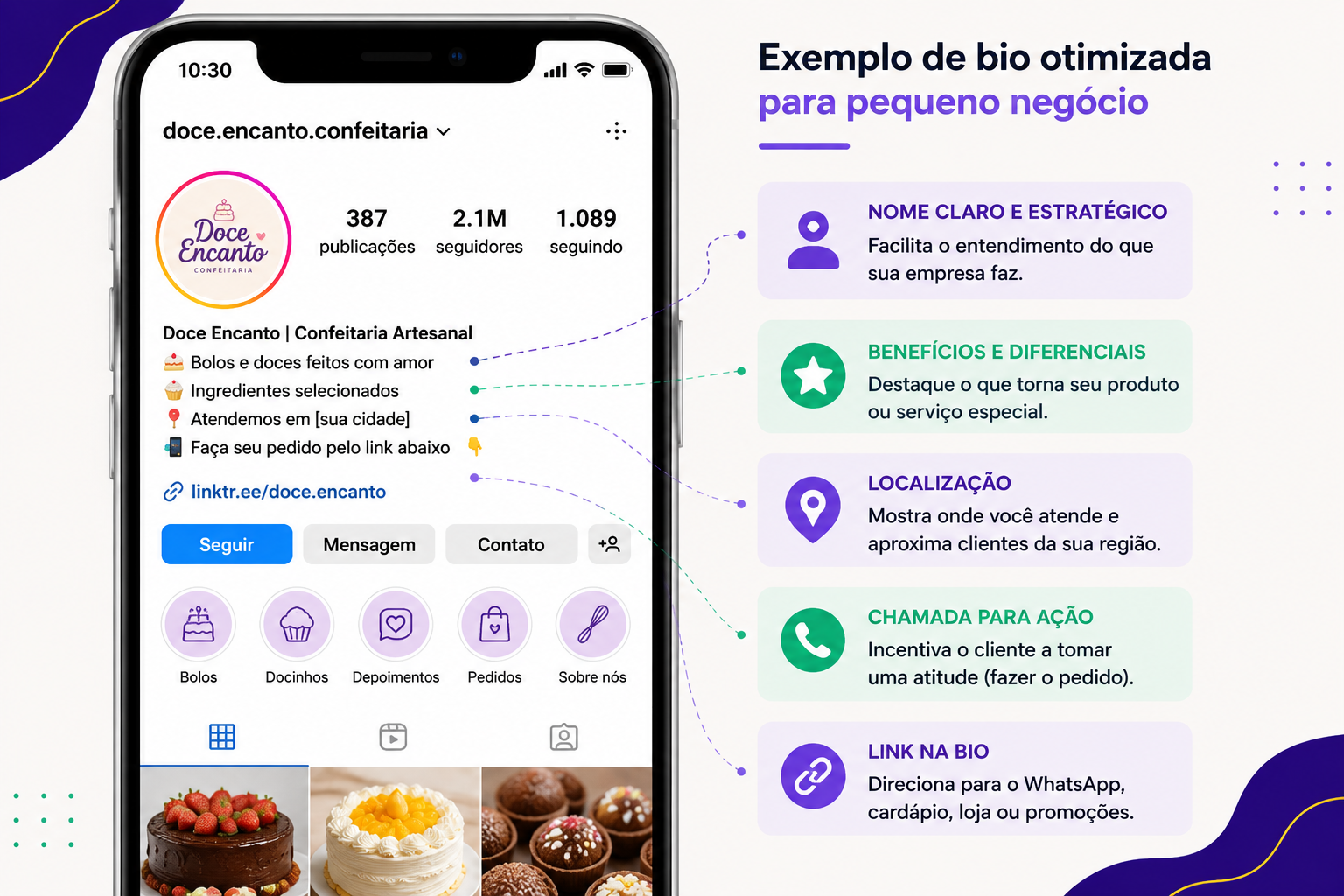 Exemplo de bio otimizada no Instagram para pequeno negócio de confeitaria