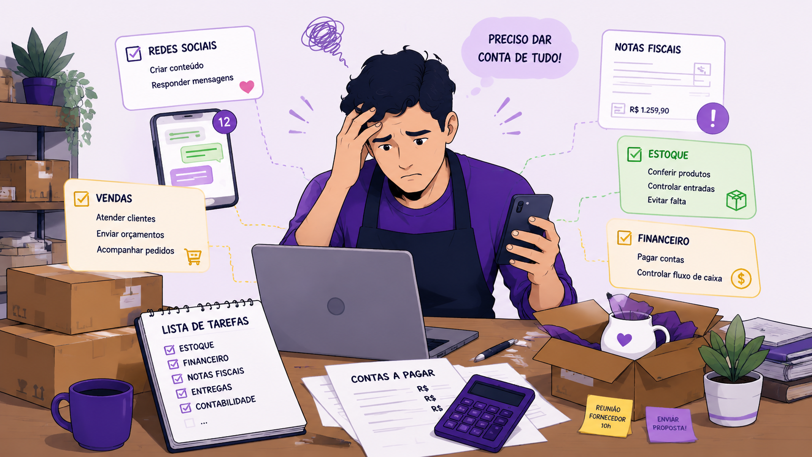Empreendedor estressado fazendo tudo sozinho no negócio, cercado de tarefas de vendas, estoque, financeiro e redes sociais