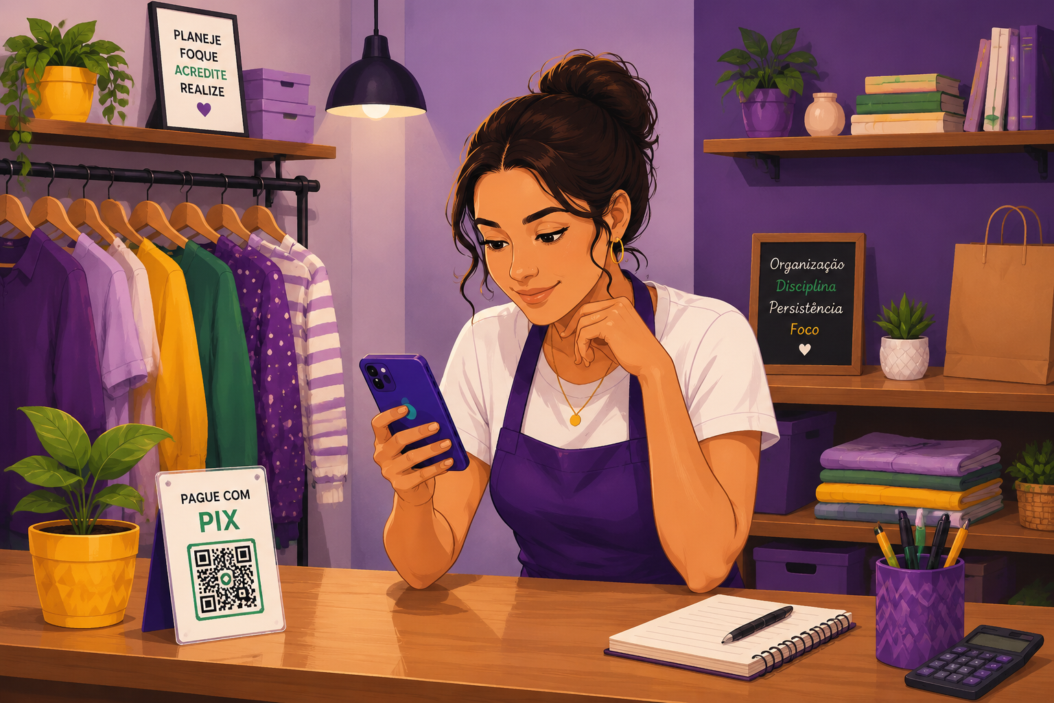Ilustração de microempreendedora sorrindo enquanto consulta o celular no balcão de uma loja de roupas, com placa de pagamento via Pix, caderno de anotações e calculadora à mesa.