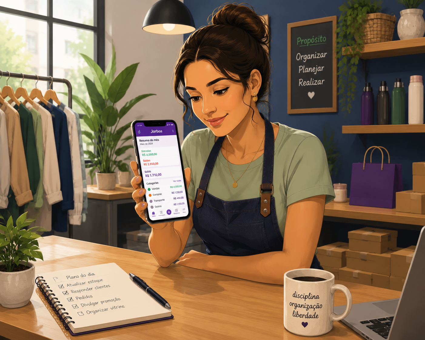 Microempreendedora de loja de roupas mostrando o resumo financeiro do mês no app Jarbas pelo celular
