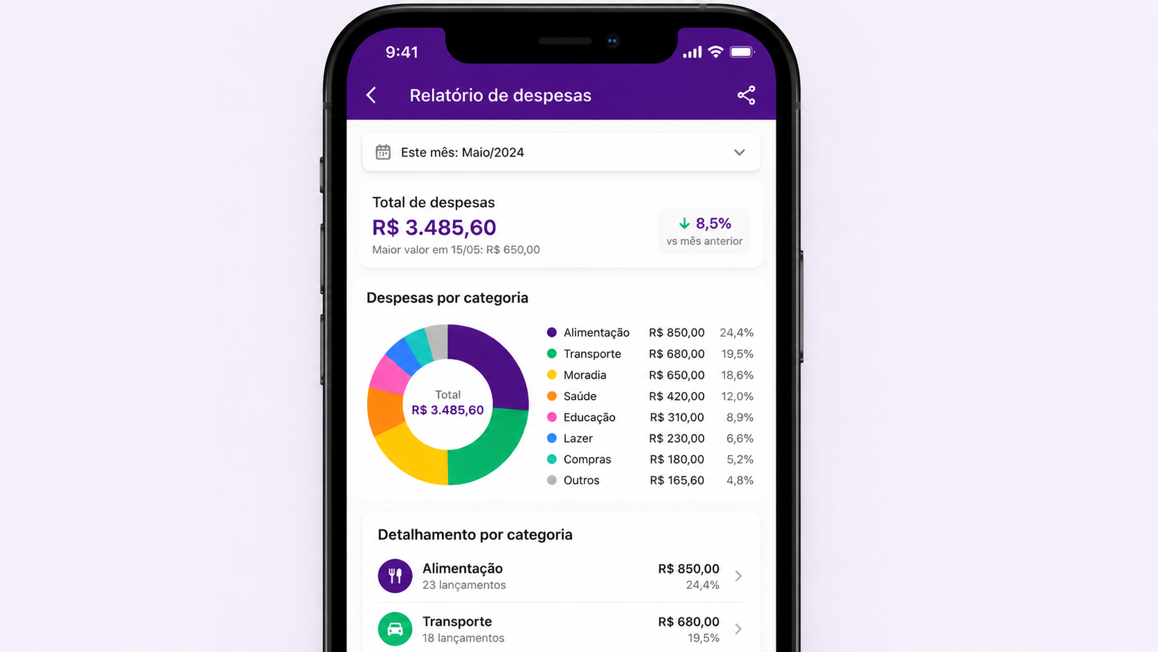 Tela do App Jarbas exibindo o relatório de despesas por categoria do mês, com gráfico de rosca e total de despesas de R$ 3.485,60, mostrando queda de 8,5% em relação ao mês anterior.