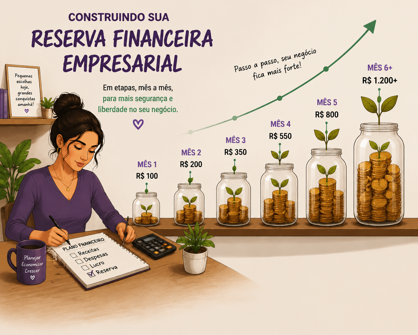Construção da reserva financeira empresarial mês a mês com valores crescentes para fortalecer a segurança financeira do negócio