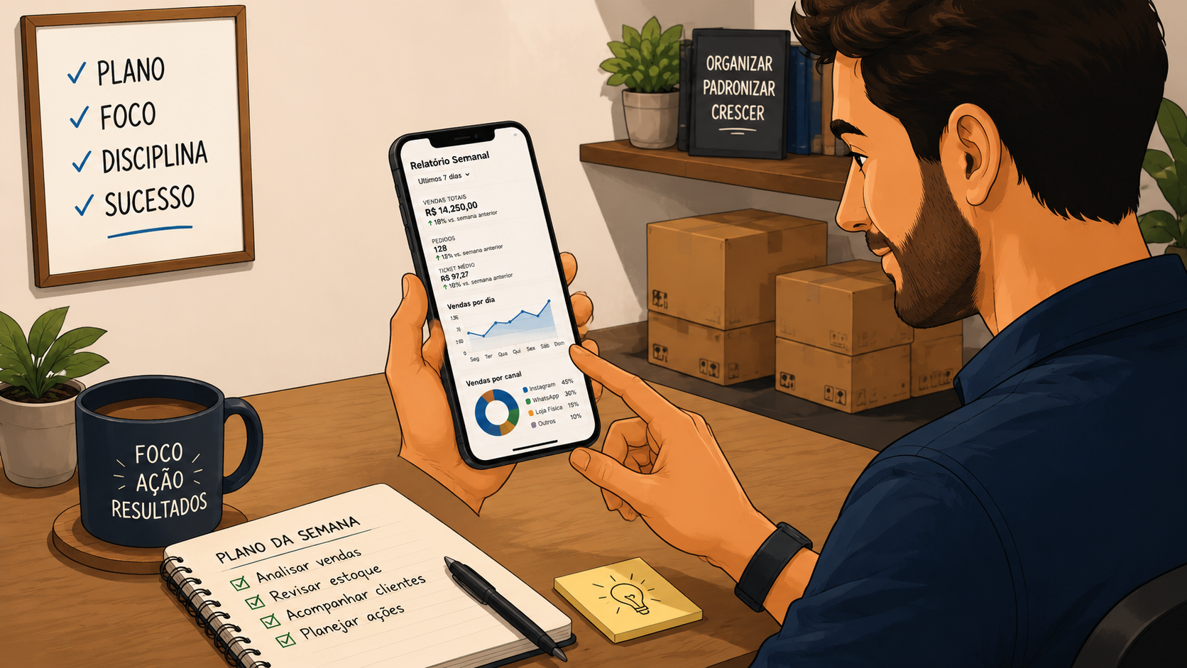 Empreendedor revisando relatório semanal de vendas no celular para parar de fazer tudo sozinho no negócio