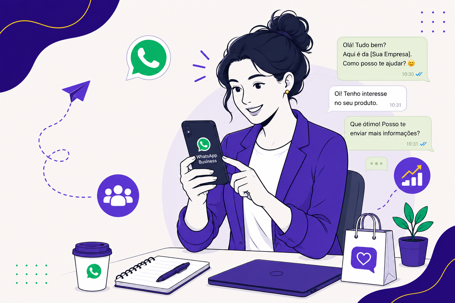 Empreendedora usando WhatsApp Business no celular para vender e atender clientes